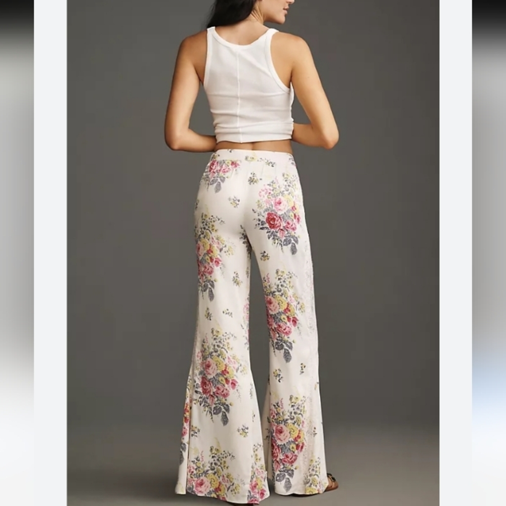 Anthropologie Pink and Cream Floral Lace Wide-Leg High Waist Satin Pants Sz-12 - Picture 5 of 13